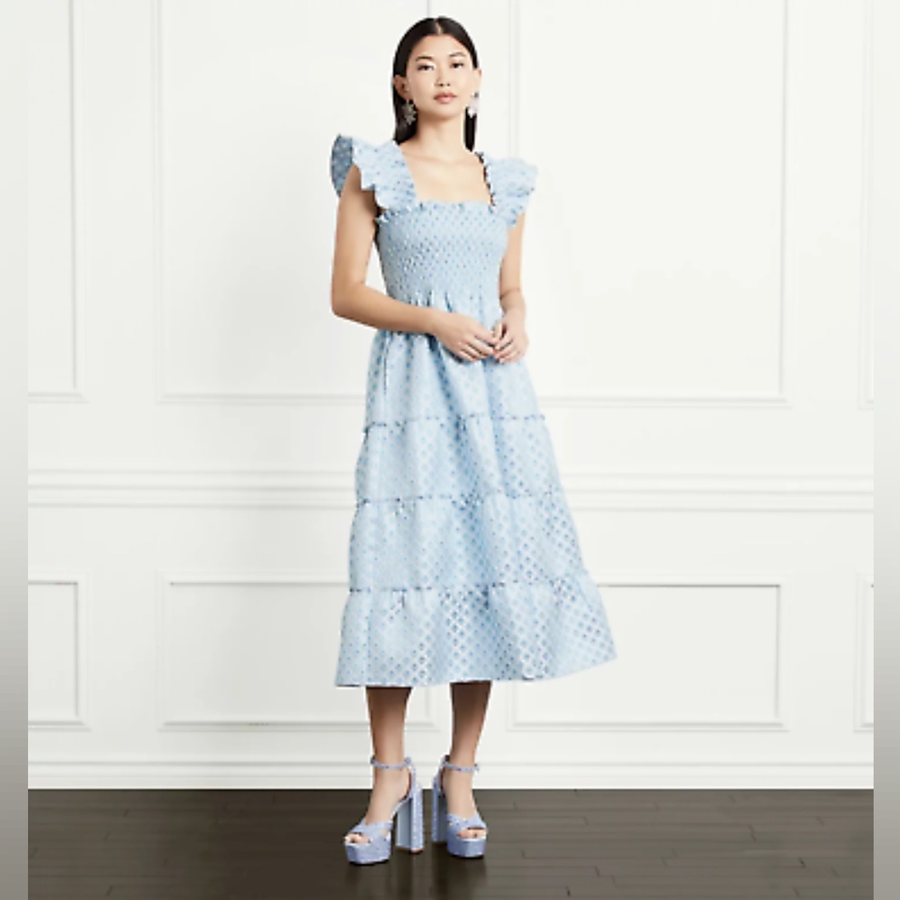 Hill House Home Ellie Nap Dress in Metallic Powder Blue Snowflake Brocade NWT